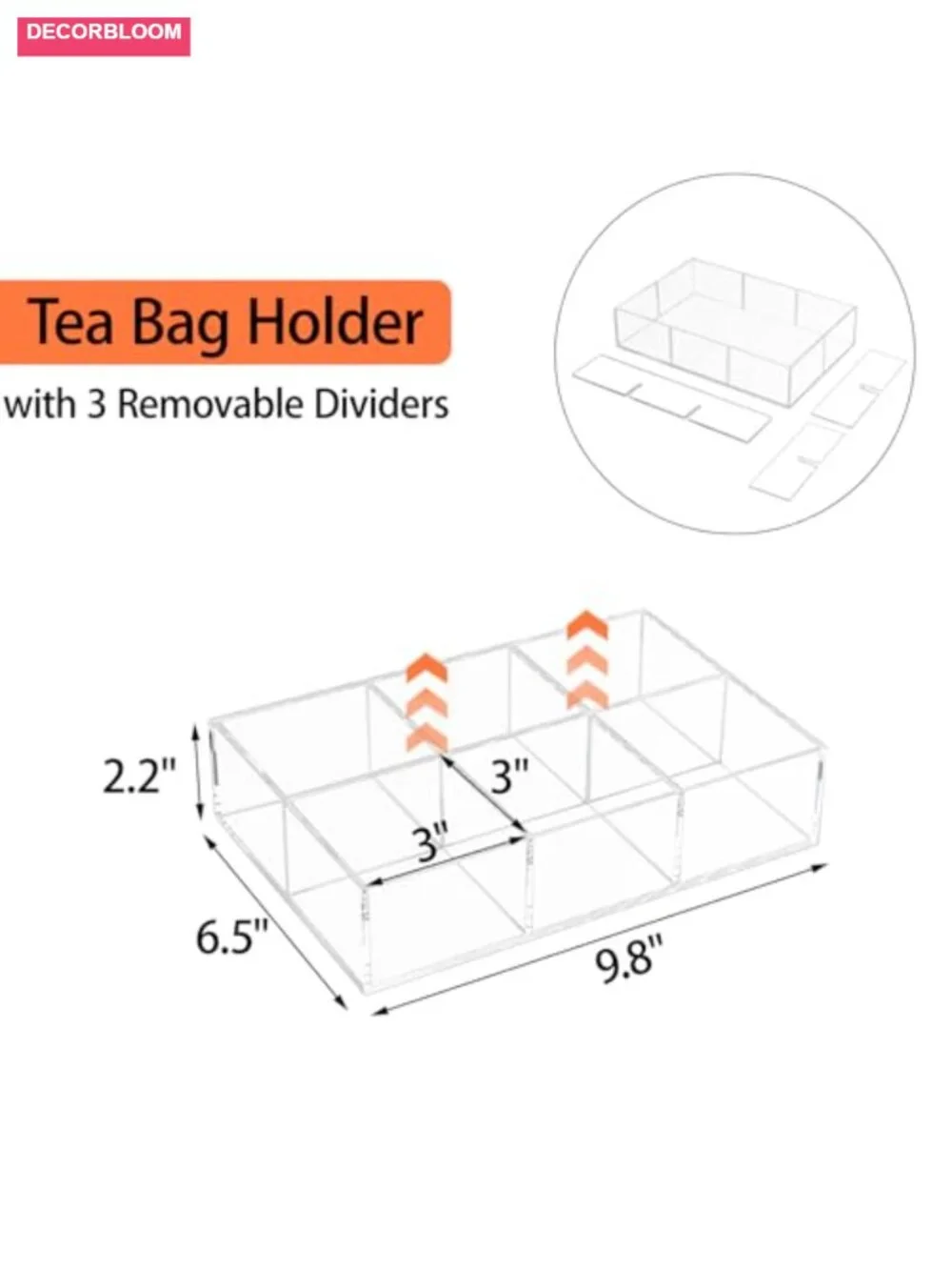 Acrylic Tea Bag Organizer with Removable Dividers, 6 Compartments Clear Storage